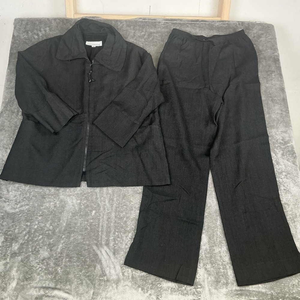 Caroline Rose Black Plisse Pants Pull On Elastic High Waist & Full zip jacket M